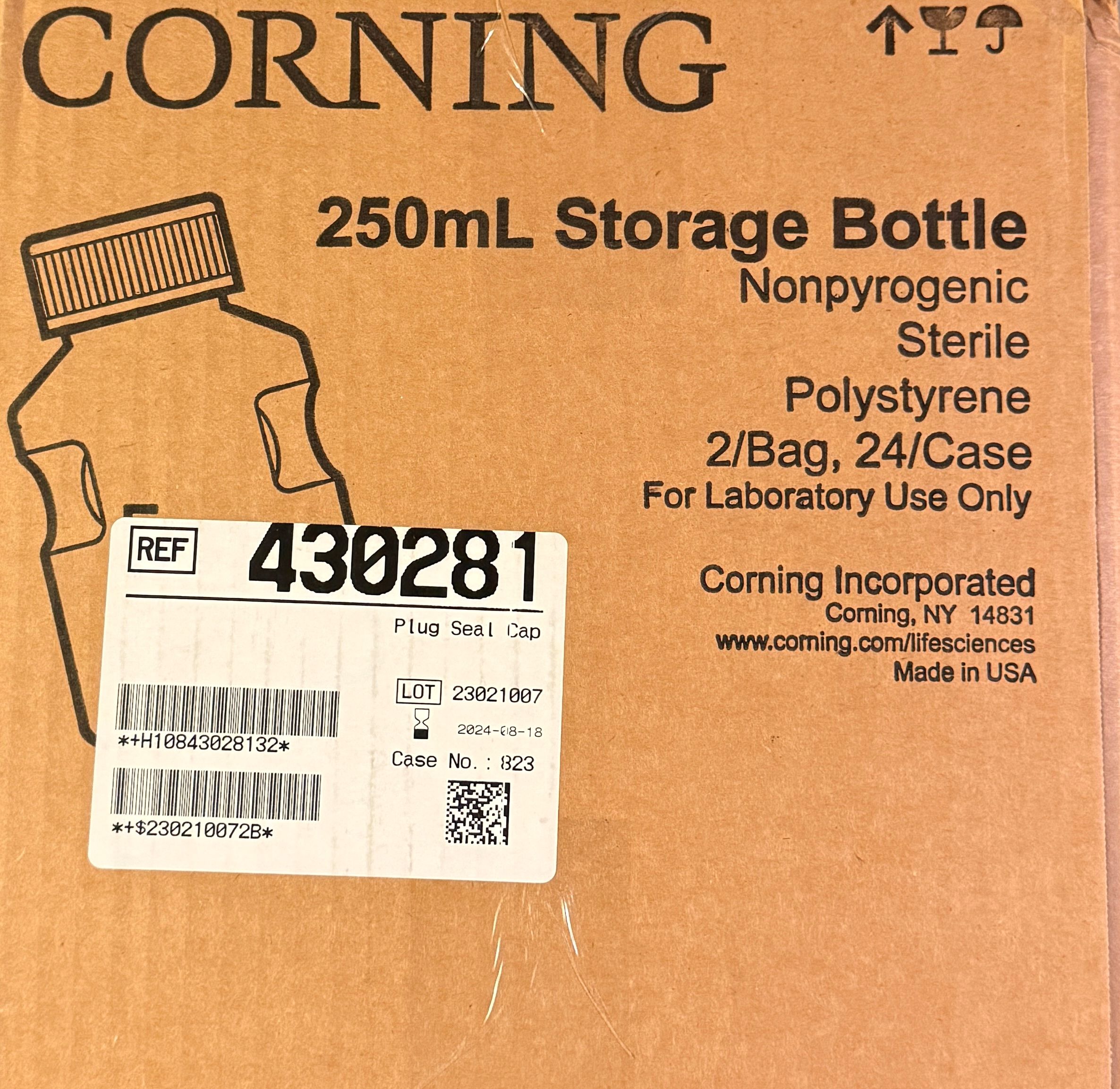 Corning 250 mL Easy Grip Polystyrene Storage Bottles with 45 mm Caps