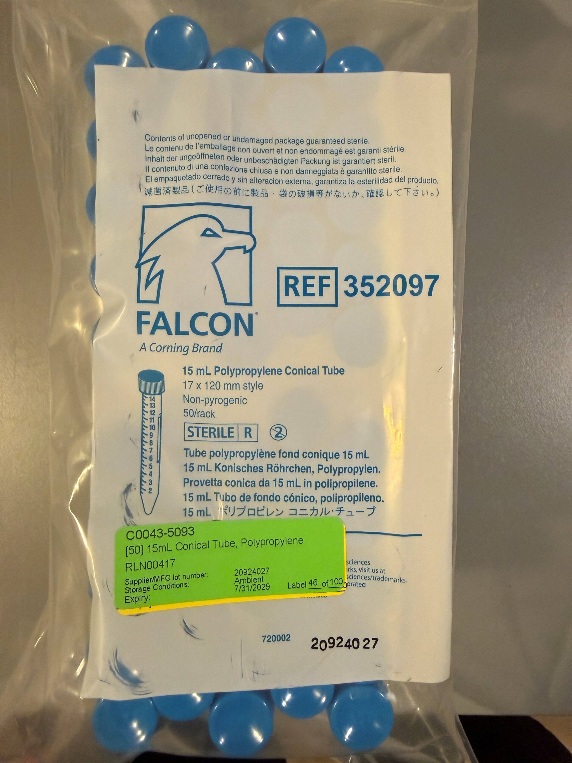 Falcon 15 ml High Clarity PP Centrifuge Tube, Conical Bottom, with Dome Seal Screw Cap, Sterile, 50/Rack